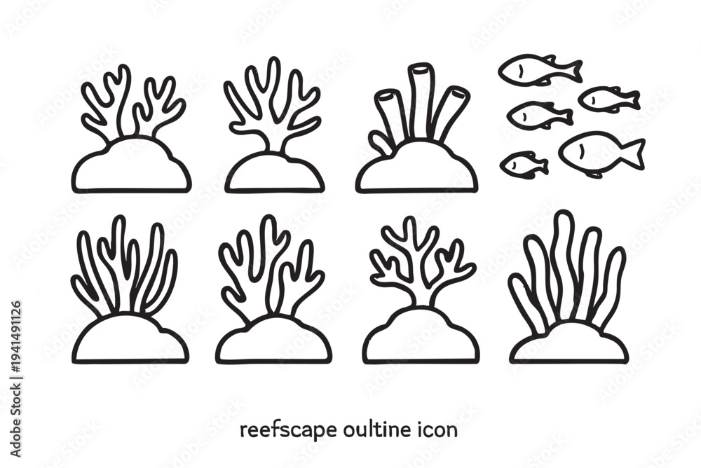 Fototapeta premium Black outline illustrations of coral and small fish against a white background. Use this set for coloring books, marine biology projects, or ocean-themed decorations.