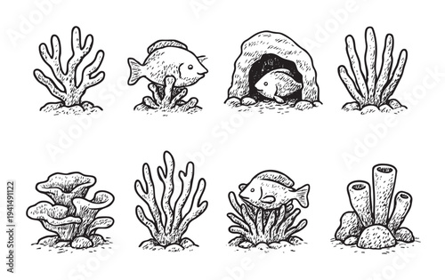 A collection of eight hand-drawn black and white coral reef elements, featuring coral, fish, and a cave, perfect for ocean-themed illustrations, backgrounds, and educational materials.