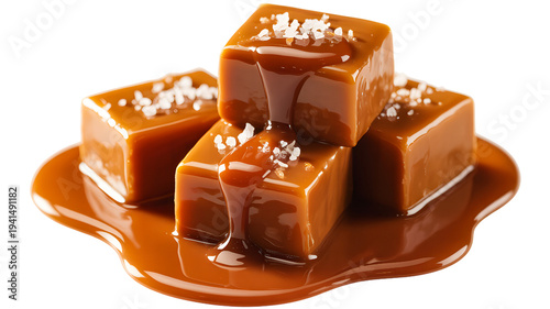 Salted Caramel Cubes with Gourmet Toffee Sauce Isolated on White Background for Confectionery Branding and Sweet Dessert Advertising.