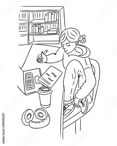 Young woman sitting at a desk with a notebook and coffee cup, surrounded by books and stationery, sketching ideas in a minimalist workspace