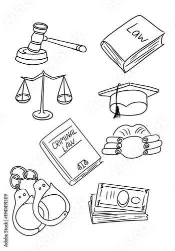 Law-themed illustration featuring a gavel, scales of justice, law books, graduation cap, handcuffs, and cash, representing legal education and criminal justice concepts