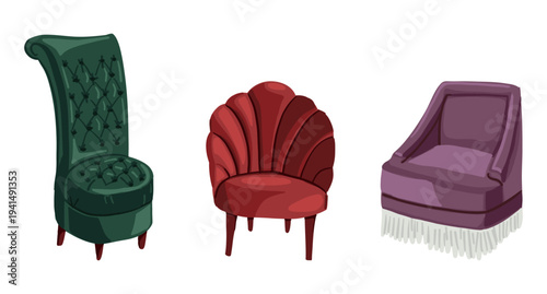 Three distinct decorative chairs featuring a tall green tufted chair, a red shell-shaped chair, and a purple armchair with fringe detailing on a white background