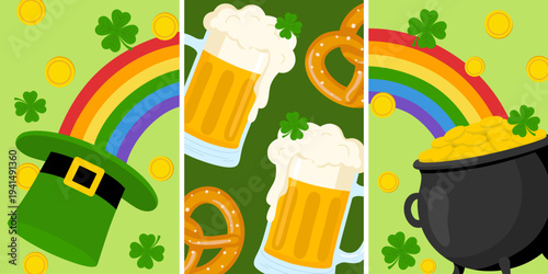 Saint Patrick's Day poster. Lucky holiday banner, greeting card, wall art. Vector illustration of beer, cauldron, shamrock, rainbow and salty pretzels. Ireland lucky holiday
