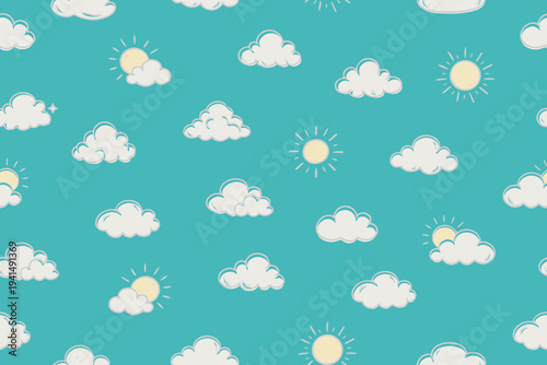Whimsical vector illustration of white  clouds scattered across a bright blue background with cheerful suns peeking through. Perfect for backgrounds, textiles, and playful designs.
