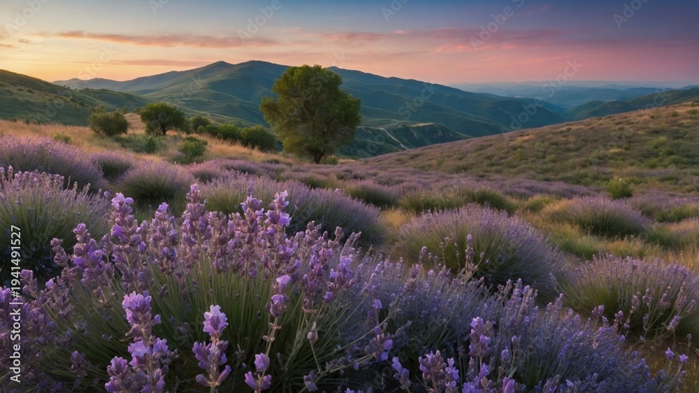 Obraz premium Lavender fields in bloom at sunset with rolling hills and a solitary tree in the background