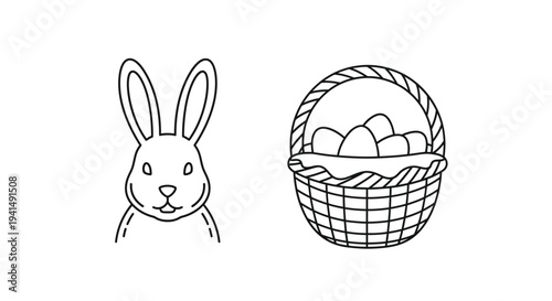 Simple outline vector graphic illustration featuring an Easter bunny head beside a full egg basket