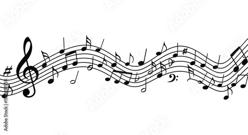 A flowing arrangement of musical notes and clef symbols creates a dynamic wave like design a striking silhouette high quality professional detailed