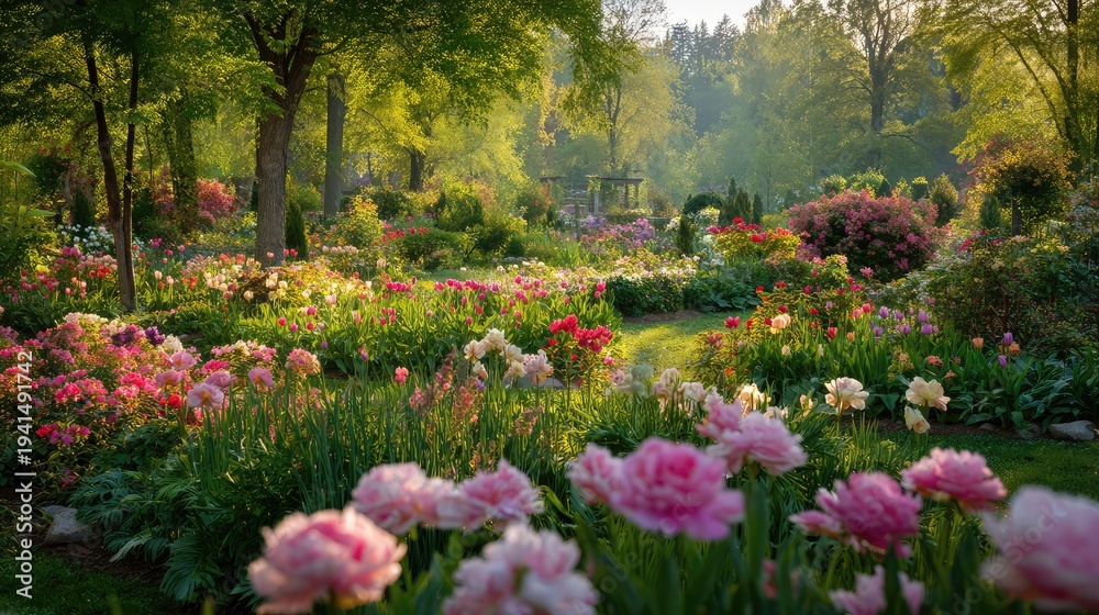 Obraz premium Romantic botanical garden filled with roses, tulips, and blooming plants under bright spring sunlight