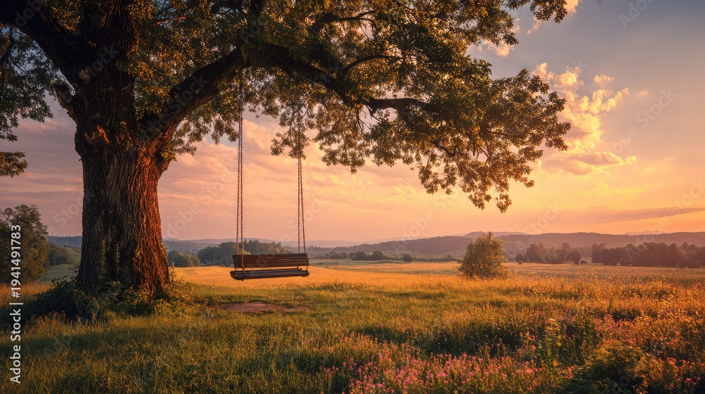 Obraz premium Romantic countryside swing under large tree with sunset horizon glowing across peaceful meadow