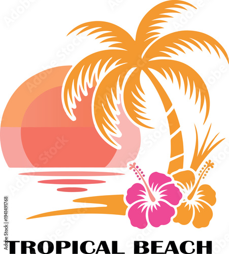 Topical sunset plam tree flower beach scene clipart logo icon vector white background
