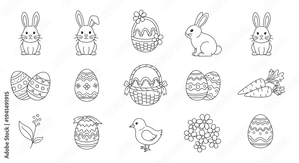 Fototapeta premium Collection of charming black and white vector illustrations depicting cute easter bunny rabbits eggs and baskets