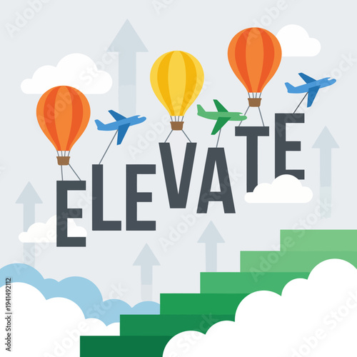 A vibrant illustration of colorful hot air balloons ascending through fluffy clouds, symbolizing upliftment and growth, perfect for ideas related to adventure and positivity.