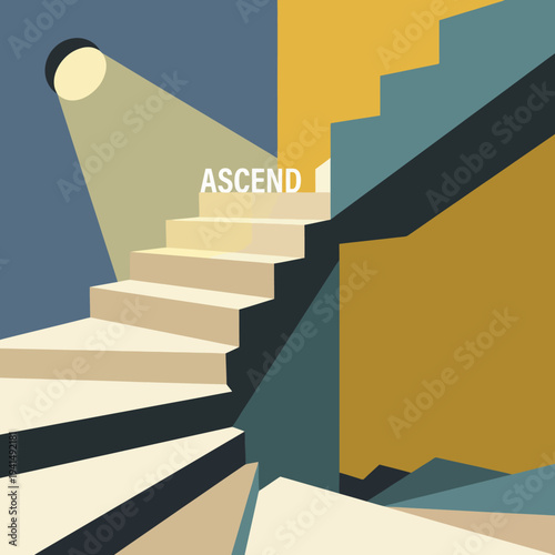 This captivating image features a stylized staircase highlighting the word 'ASCEND', symbolizing progress, growth, and ambition in a modern abstract artistic style.