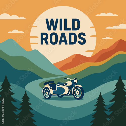 The stunning landscape artwork portrays a motorcycle on winding roads with mountains and sun, encapsulating the thrill of exploration and the beauty of nature's wilderness.