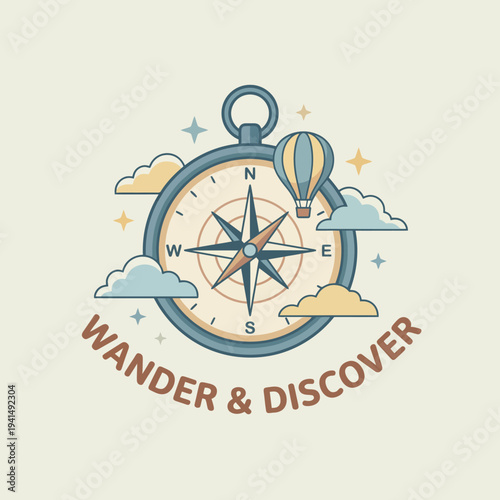 This charming illustration invites adventure and exploration of the unknown, featuring a compass and hot air balloon, symbolizing curiosity, wanderlust, and the thrill of discovery.