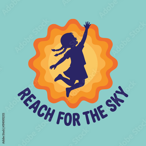 This vibrant image reflects exuberance and childhood joy, showcasing a playful silhouette of a girl leaping against a sunburst, representing dreams, aspirations, and boundless energy.