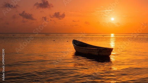 Silhouette of small boat floating on ocean during vibrant orange sunset, tranquil seaside moment capturing calm water and warm light