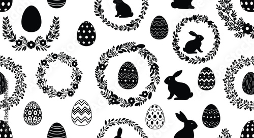 Seamless vector graphic illustration pattern featuring black and white Easter bunnies and decorative eggs