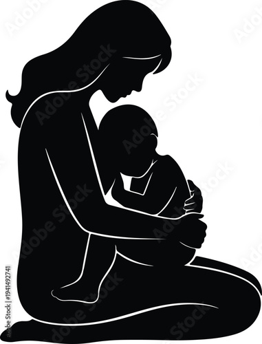 Vector loving mother embraces newborn baby infant family care silhouette design