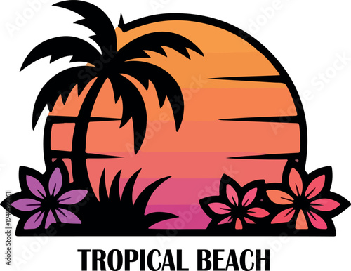 Topical sunset plam tree flower beach scene clipart logo icon vector white background