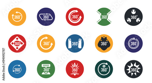 Collection of circular 360 degree icons in various colors and designs