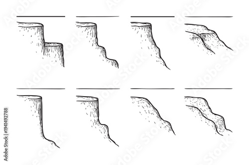Eight simple black and white hand drawn cliff illustrations depict different geological formations and heights, useful for diagrams, illustrations, or educational materials on erosion.