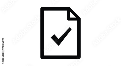 A simple black icon depicting a document with a checkmark inside presented as a bold silhouette high quality professional detailed modern