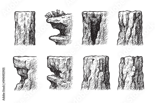 An illustrated set of rock formations in a black and white sketch style, perfect for fantasy game backgrounds, geological studies, or creative design projects.