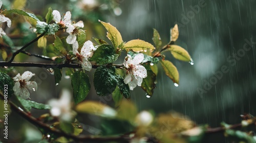 Soft spring rain falling over blooming flowers and bright green leaves