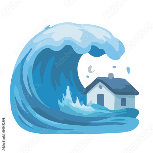 Flat Style Blue Tsunami Wave Crashing Over a House Illustration