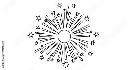 Black and white illustration of a circular firework explosion with radiating lines