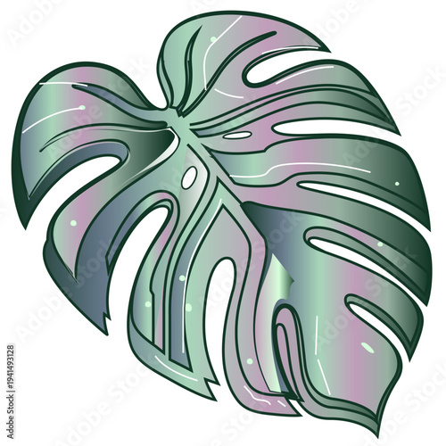Futuristic Iridescent Monstera Leaf Vector Illustration. A modern, minimalist vector illustration of a Monstera deliciosa leaf featuring a vibrant iridescent gradient of teal, purple, and green. 