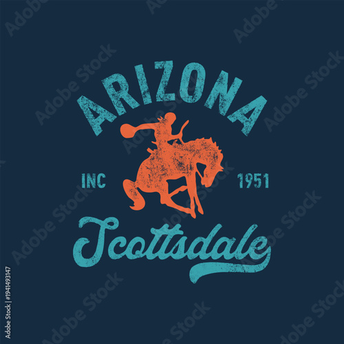 Arizona, Scottsdale with grunge texture emblem and print. Vintage hand drawn wanderlust style. Isolated on white background. Good for t shirt, mug, other identity. 