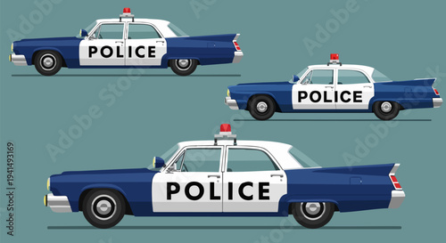 Set of 3 Classic American Police Car Vector Illustrations in Blue and White with Red Sirens, Side View, Retro Style for Law Enforcement Graphics