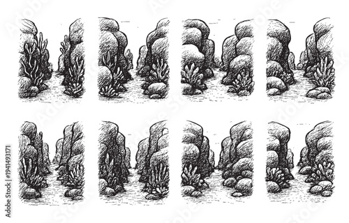 Hand-drawn sketch depicts a path winding between tall rock formations and sparse vegetation, rendered in black and white with detailed hatching, suitable for illustration or design.