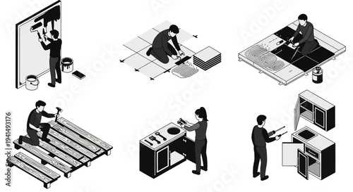 Isometric illustrations depicting home renovation and installation work silhouette high quality