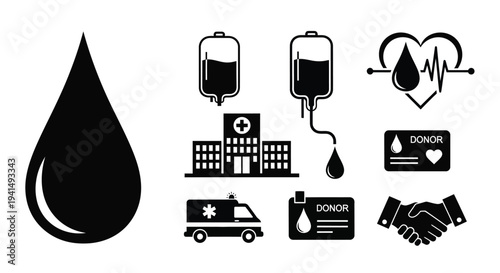 Blood donation icons featuring medical equipment and a heart silhouette