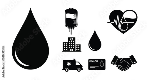 Medical icons including blood drops iv bag and hospital a silhouette