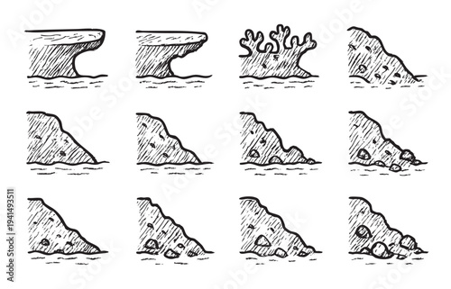 Twelve hand-drawn cartoon islands or cliffs with rocks and reefs in black and white, perfect for illustrating adventure, games, travel, or a cartoon map.