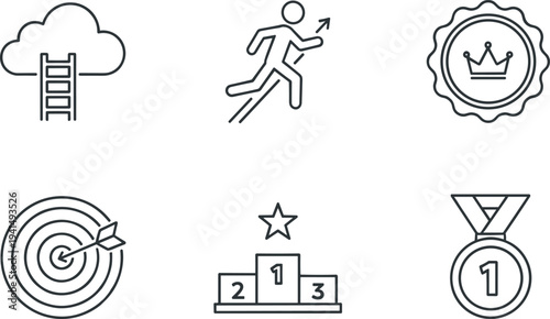 Business Success and Achievement Line Icon Set Featuring Goal Target, Winner Podium, Gold Medal, Crown Award, and Growth