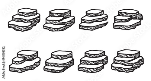A sketch illustration of multiple three-step elements, hand-drawn in black and white, suitable for use as a graphic element or symbol.