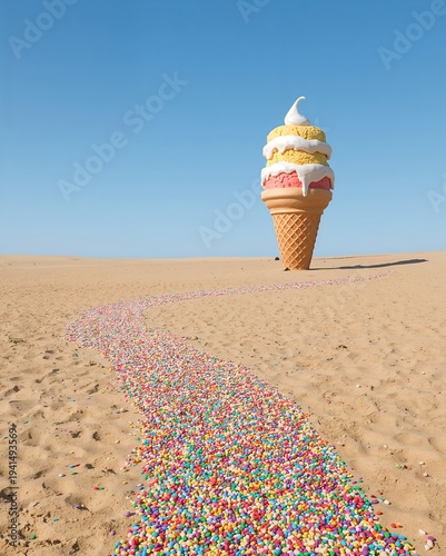A giant ice cream sculpture with a colorful path on the sand