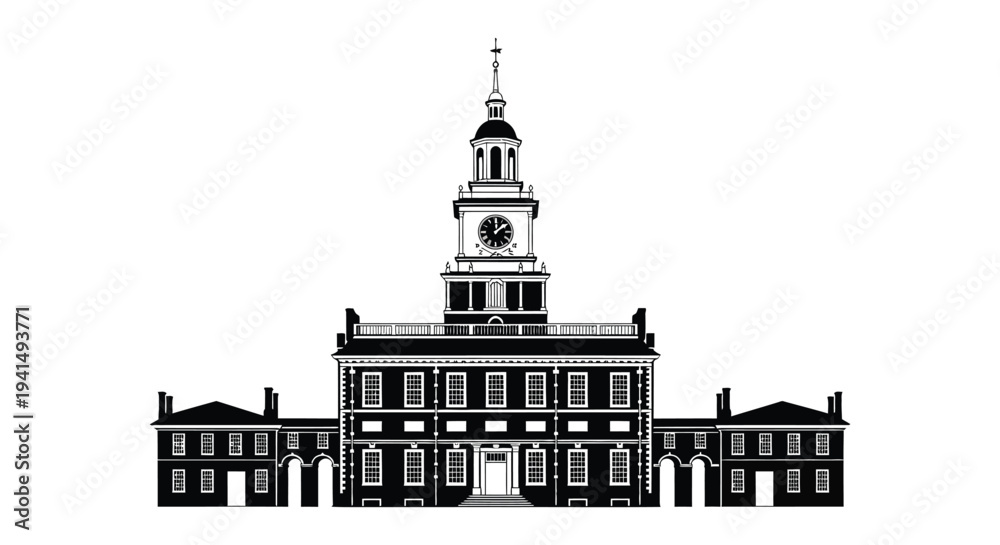 Naklejka premium A striking black and white illustration depicts independence hall in philadelphia pennsylvania as a bold silhouette high quality professional detailed modern