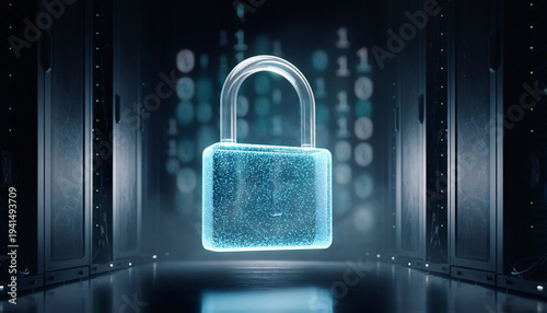 Glowing digital security padlock floating in dark server room