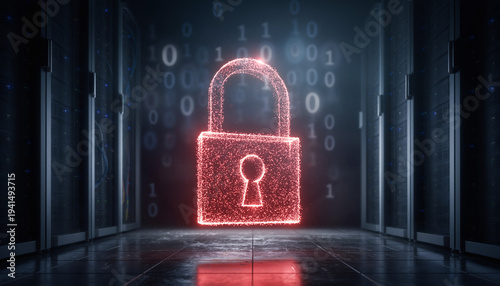 Glowing digital security padlock floating in dark server room