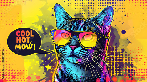Vibrant Pop Art Illustration of a Cool Cat Wearing Colorful Mirrored Sunglasses