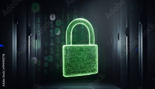 Glowing digital security padlock floating in dark server room