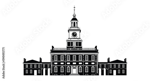 A striking black and white illustration depicts independence hall in philadelphia pennsylvania as a bold silhouette high quality professional detailed modern