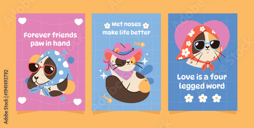 Cute Pets Vertical Greeting Cards with Cartoon Animal Characters