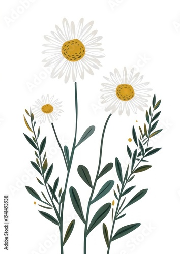 Flat vector hand drawn illustration a Chamomile flower asteraceae blossom.